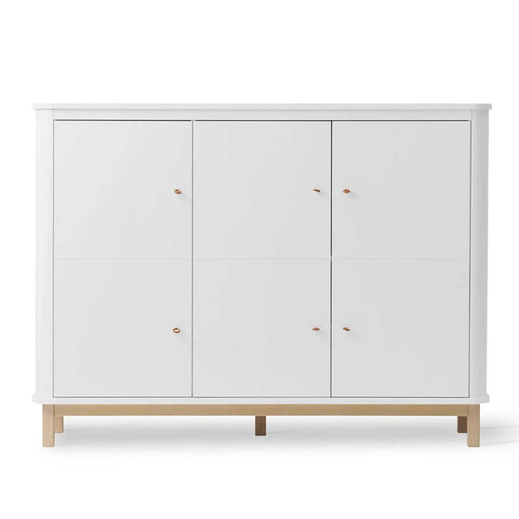 Armoire blanc et chêne 3 portes avec étagères et patères rétractables