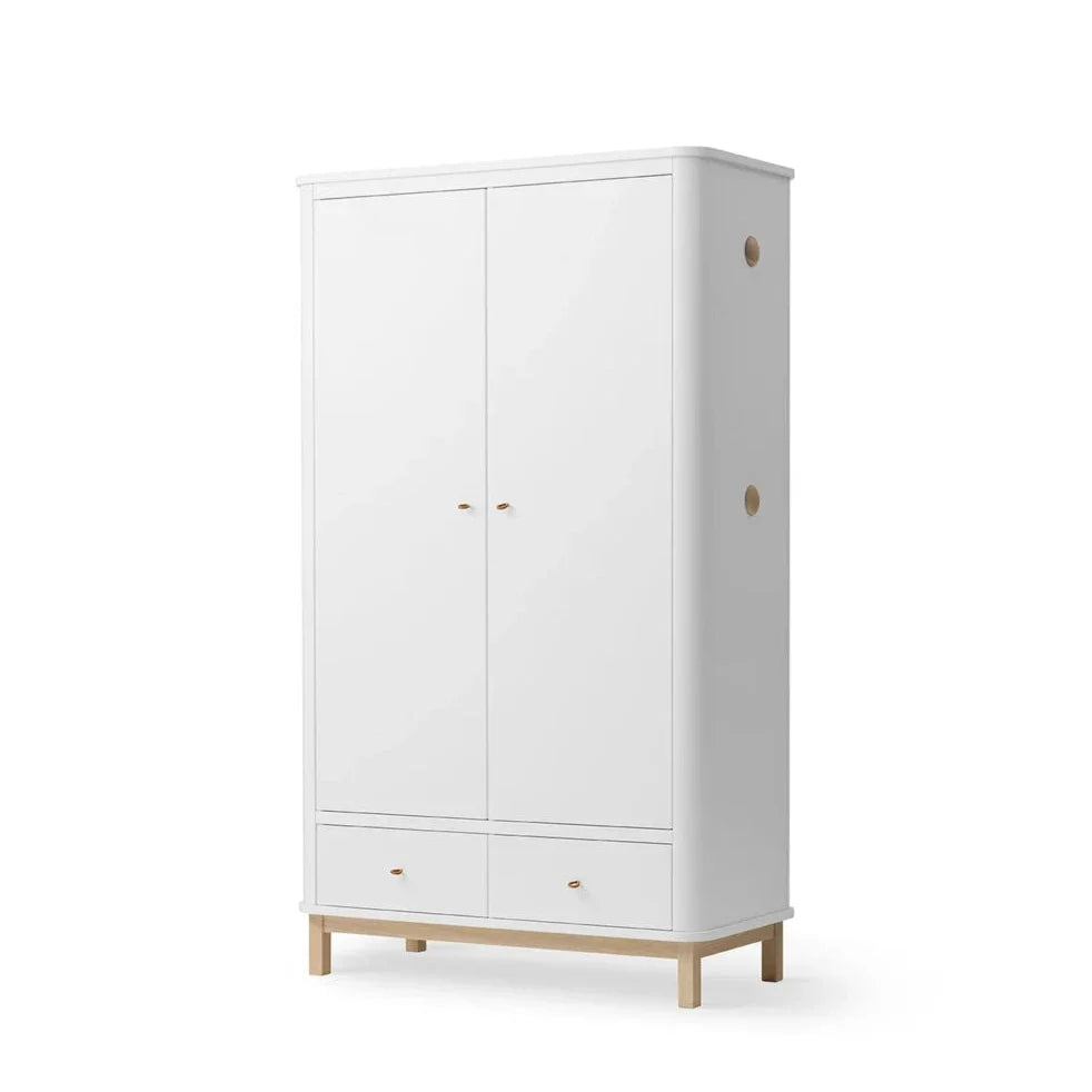 Armoire blanc et chêne 2 portes avec penderie, tiroirs et étagères ajustables
