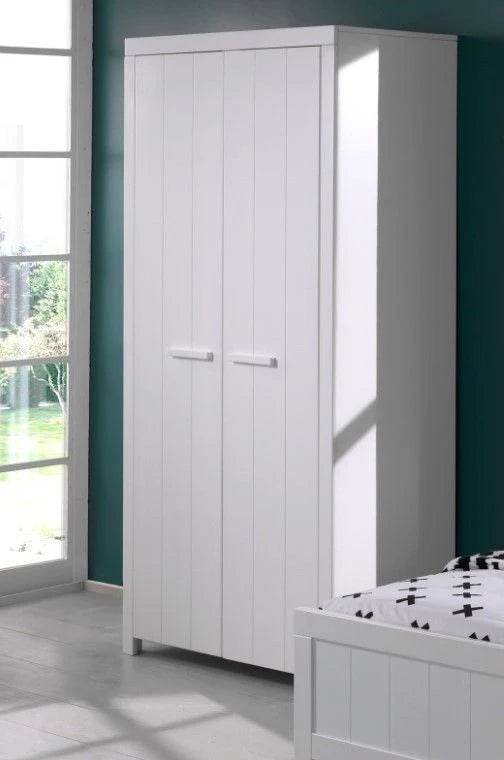 Armoire enfant 2 portes blanche en pin massif avec étagères et tringle