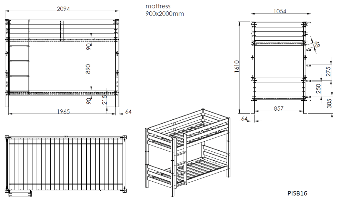 Lit superposé enfant pin naturel 90x200 cm avec sommier à lattes inclus