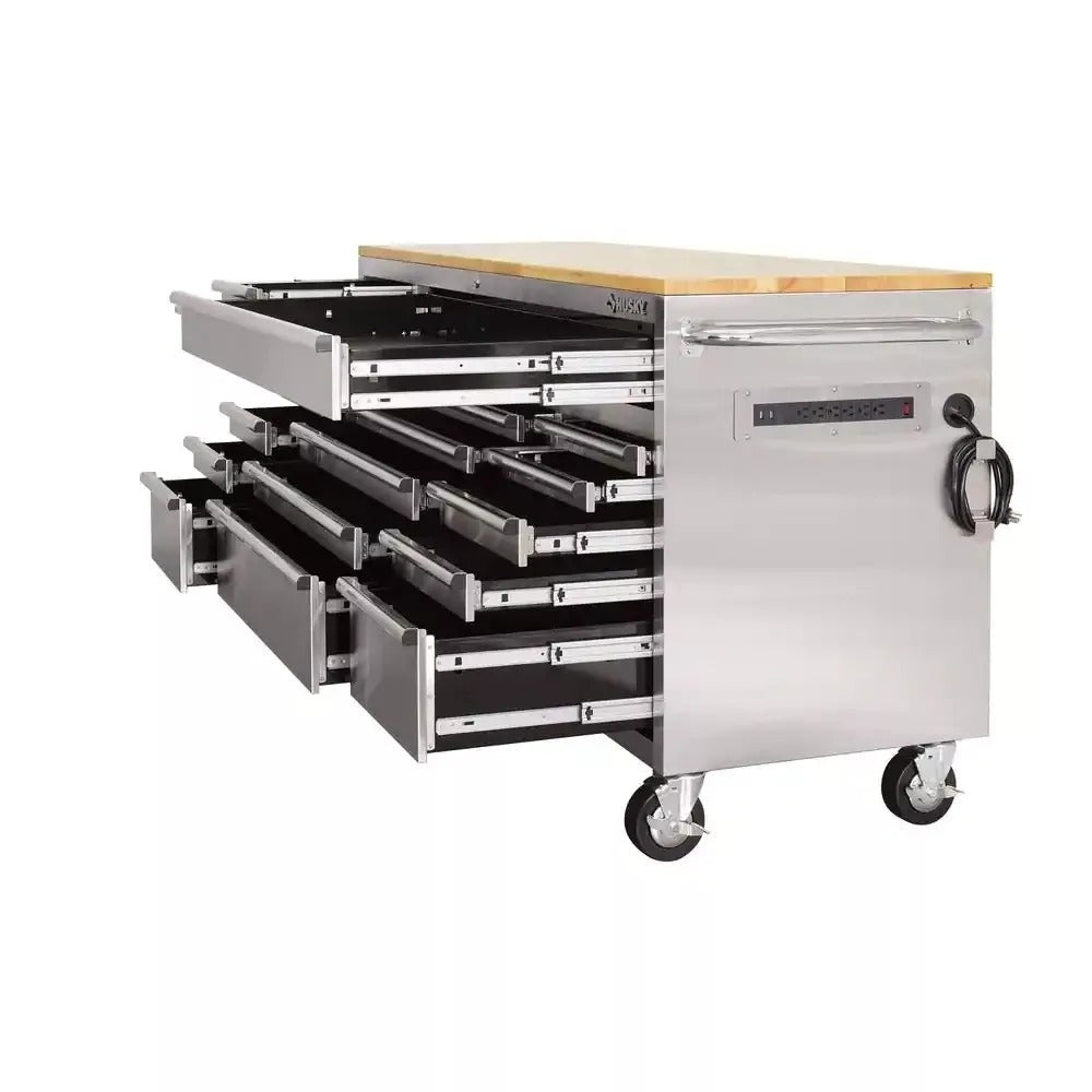 72 Inch Mobile Workbench with 18 Drawers - Stainless Steel Rolling Tool Cabinet with Wood Top