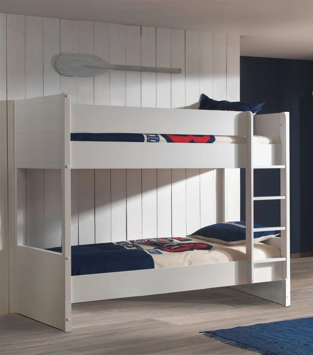 Lit superposé enfant blanc 90x200 cm en MDF et pin massif avec sommier inclus