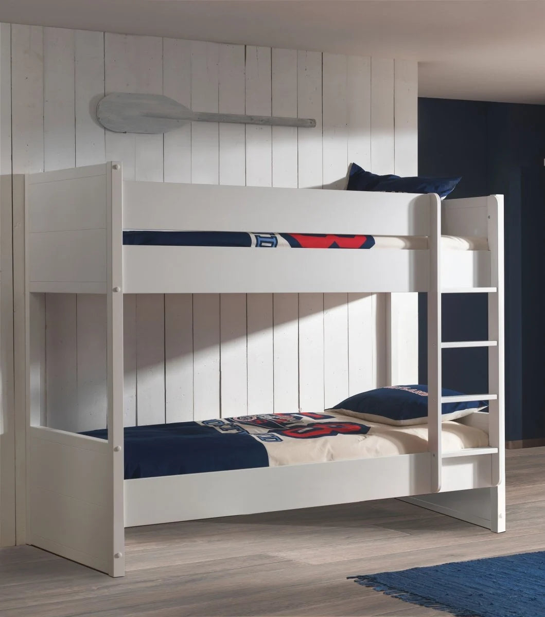 Lit superposé enfant blanc 90x200 cm en MDF et pin massif avec sommier inclus
