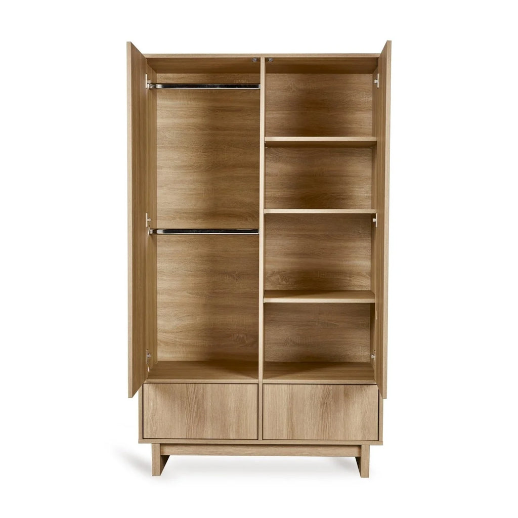Armoire frêne miel 2 portes avec tiroirs, penderies et étagères réglables