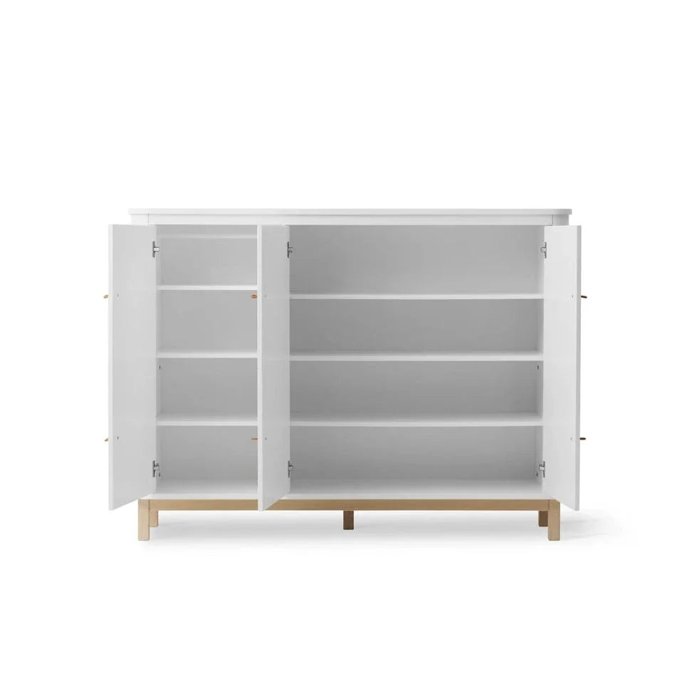 Armoire blanc et chêne 3 portes avec étagères et patères rétractables