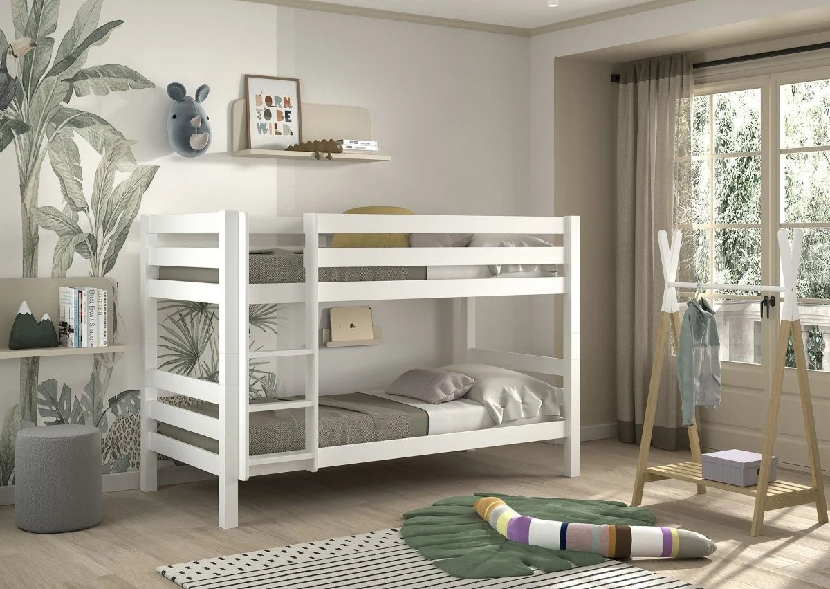 Lit superposé enfant blanc 90x200 cm hauteur 140 cm en pin massif avec sommier