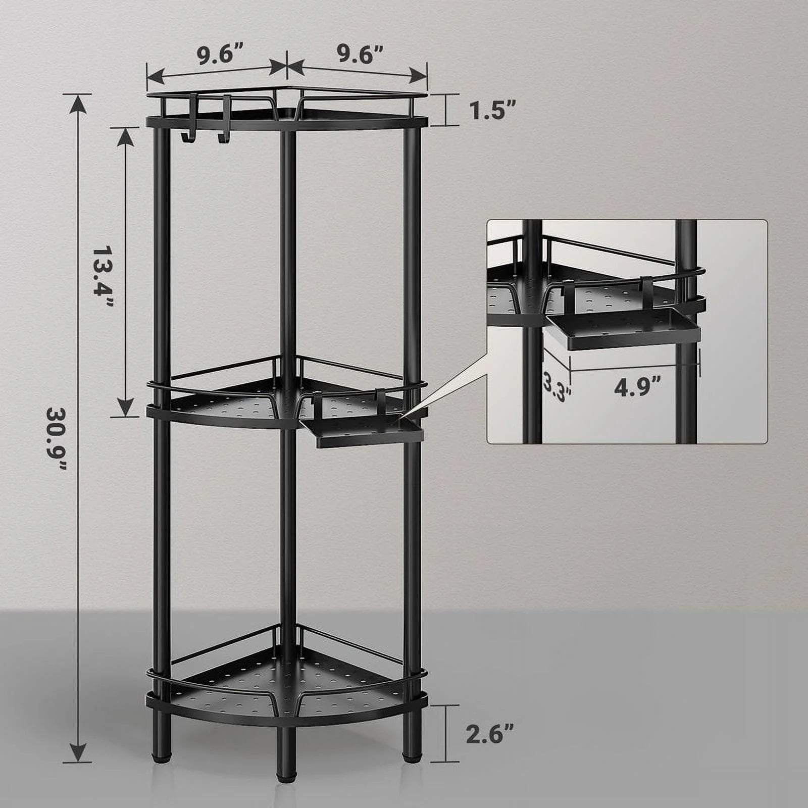 Corner Shower Caddy - 9.6"D x 9.6"W x 30.9"H Black-3 Tier