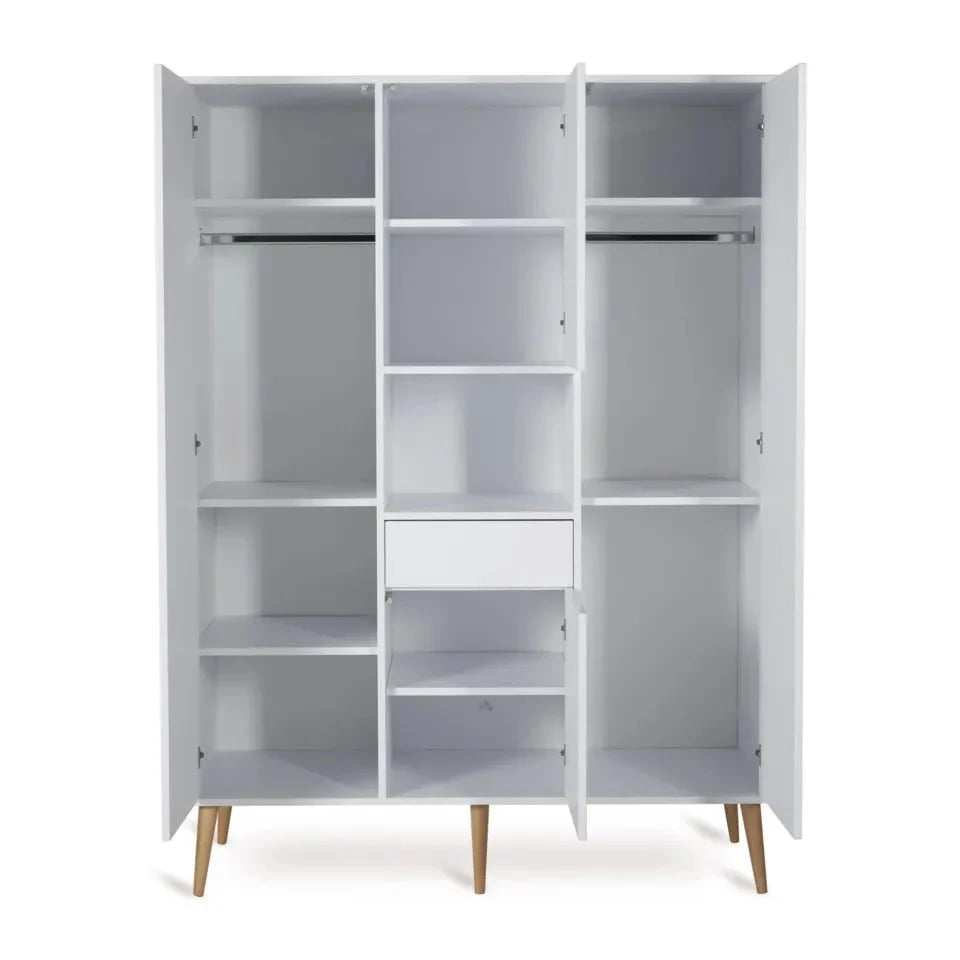 Armoire enfant blanche brillante 4 portes avec 7 étagères et 4 penderies