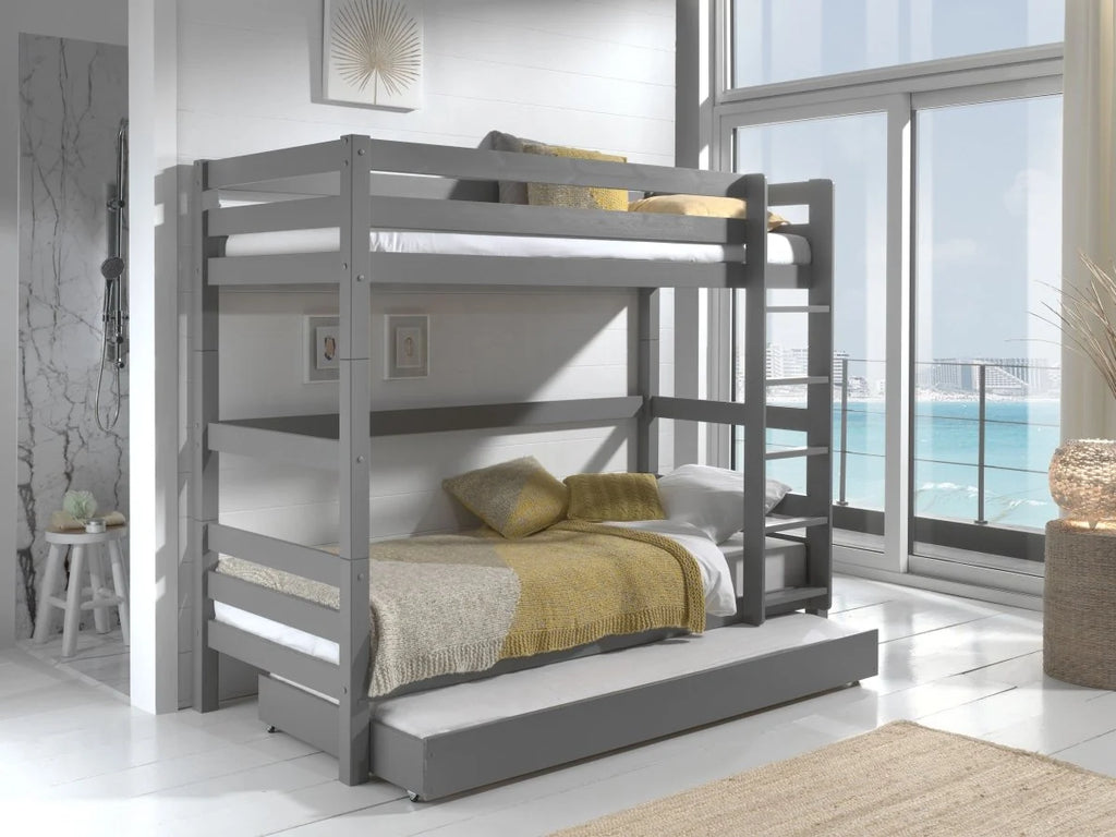 Lit superposé enfant gris 90x200 cm hauteur 182 cm en pin massif avec sommier