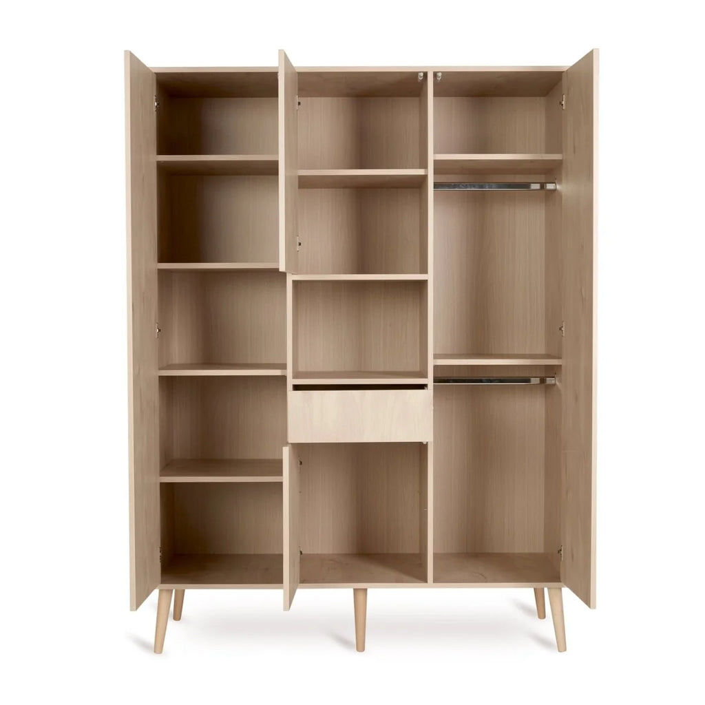 Armoire enfant chêne naturel 4 portes avec 7 étagères et 4 penderies