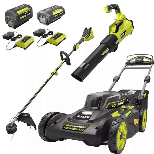 40V Brushless Cordless Lawn Tool Combo Kit - Self Propelled Mower String Trimmer and Blower with Batteries