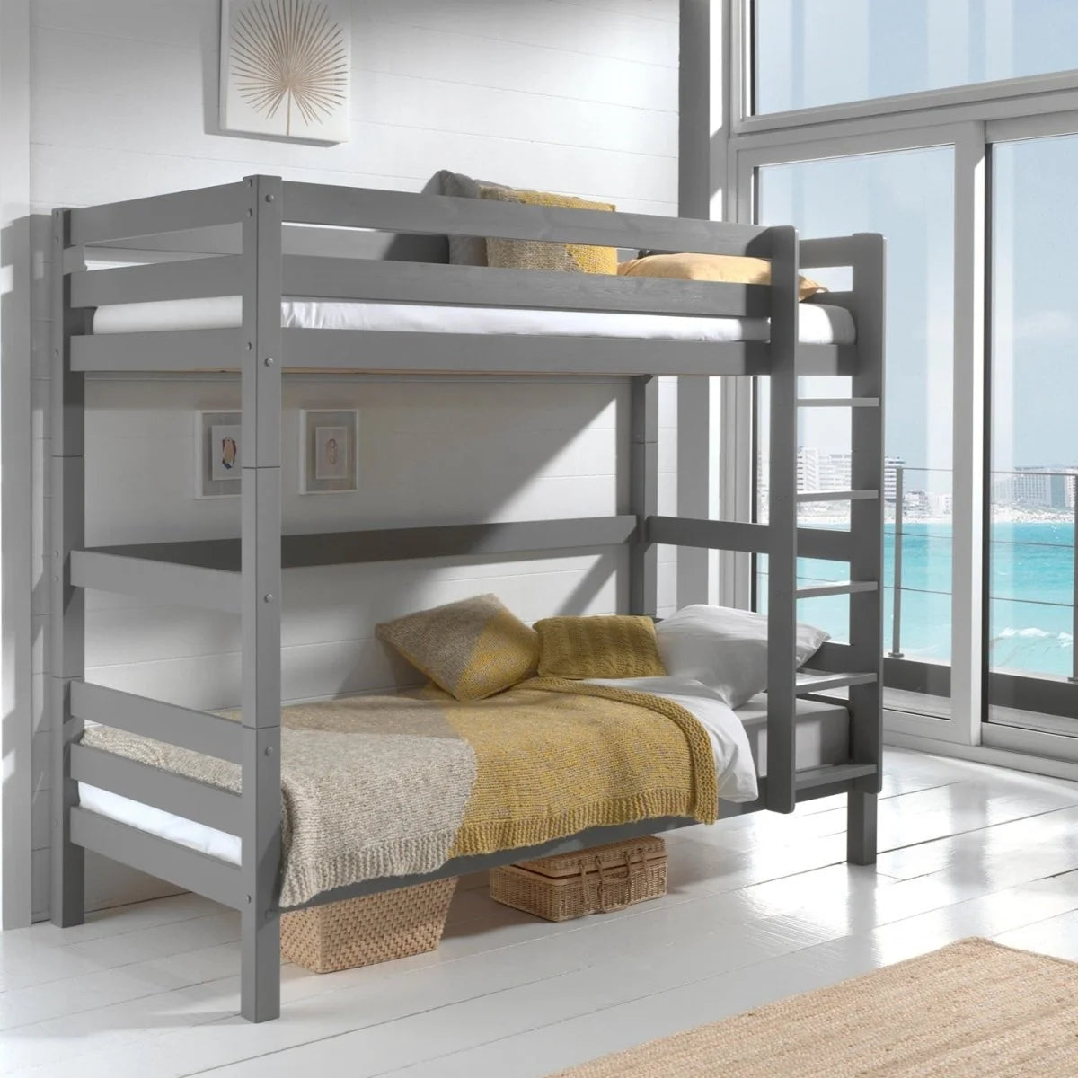 Lit superposé enfant gris 90x200 cm hauteur 182 cm en pin massif avec sommier