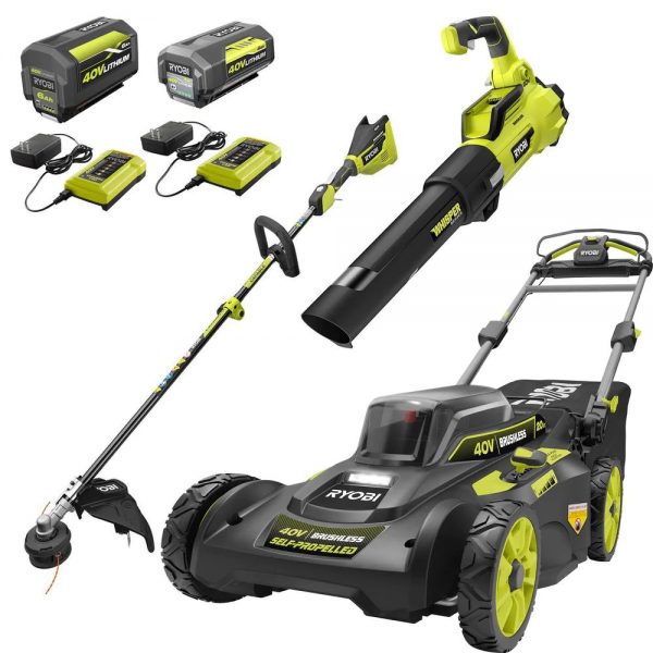 40V Brushless Cordless Lawn Tool Combo Kit - Self Propelled Mower String Trimmer and Blower with Batteries