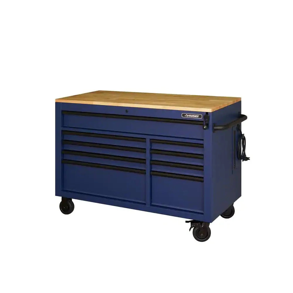 52-Inch 9-Drawer Mobile Workbench with Adjustable Height Wood Top, Heavy Duty Rolling Tool Cabinet