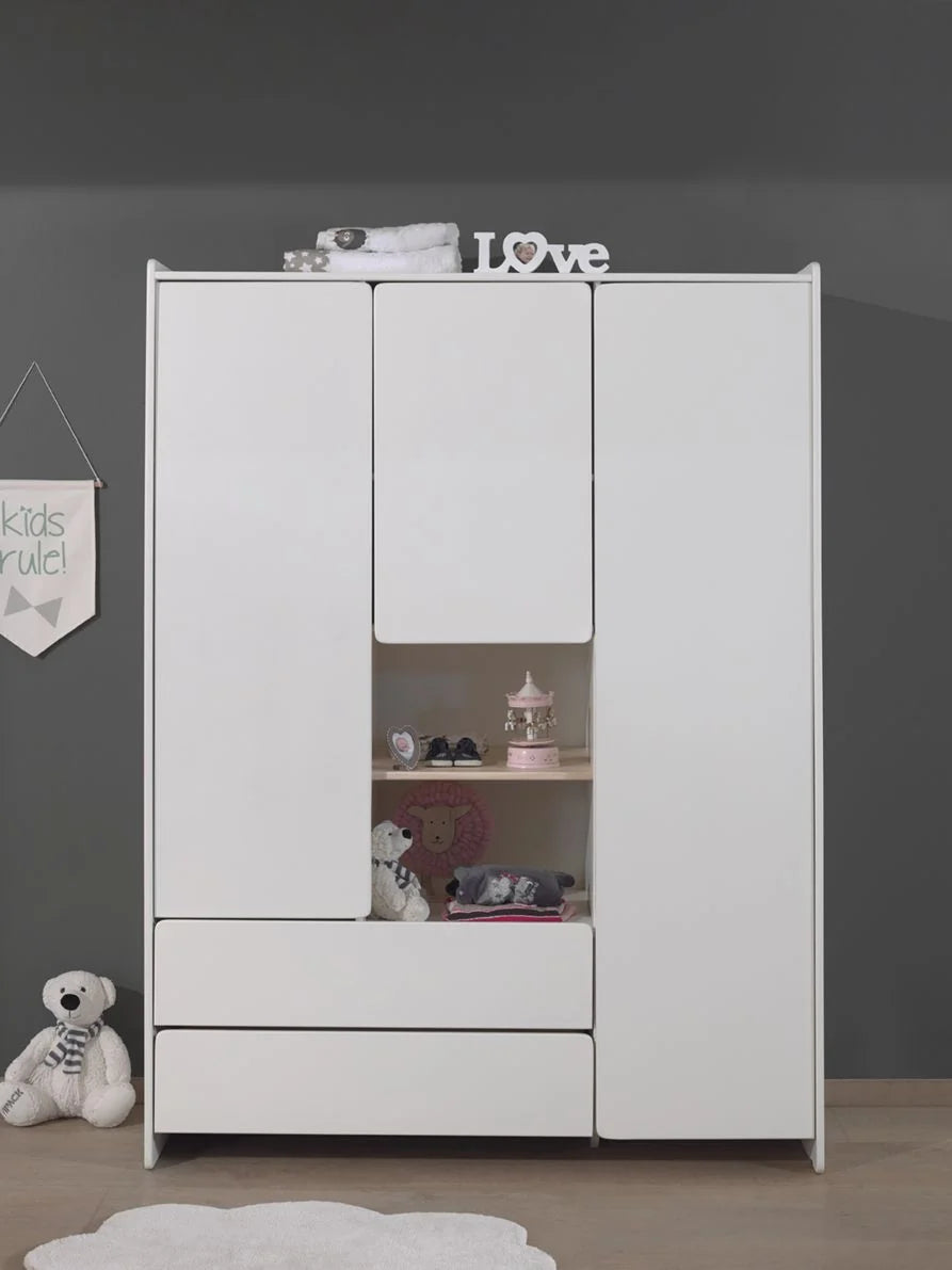 Armoire enfant blanche 3 portes avec tiroirs et rangement intégré