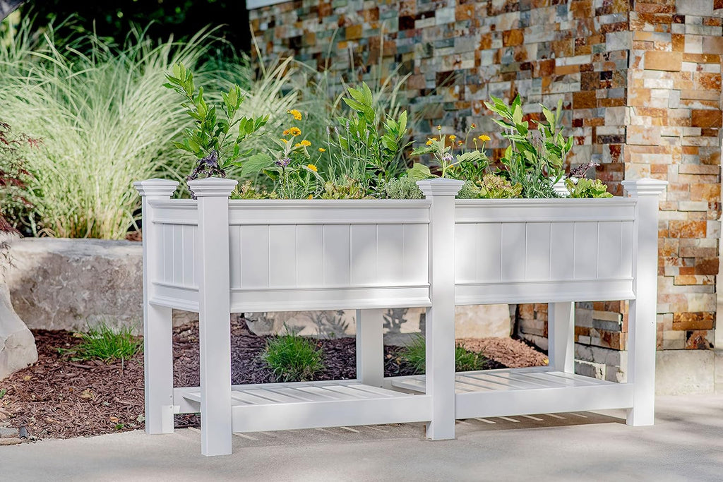 White Vinyl Raised Garden Bed Planter Box - Paintable Outdoor Herb & Flower Planter with Storage Shelf
