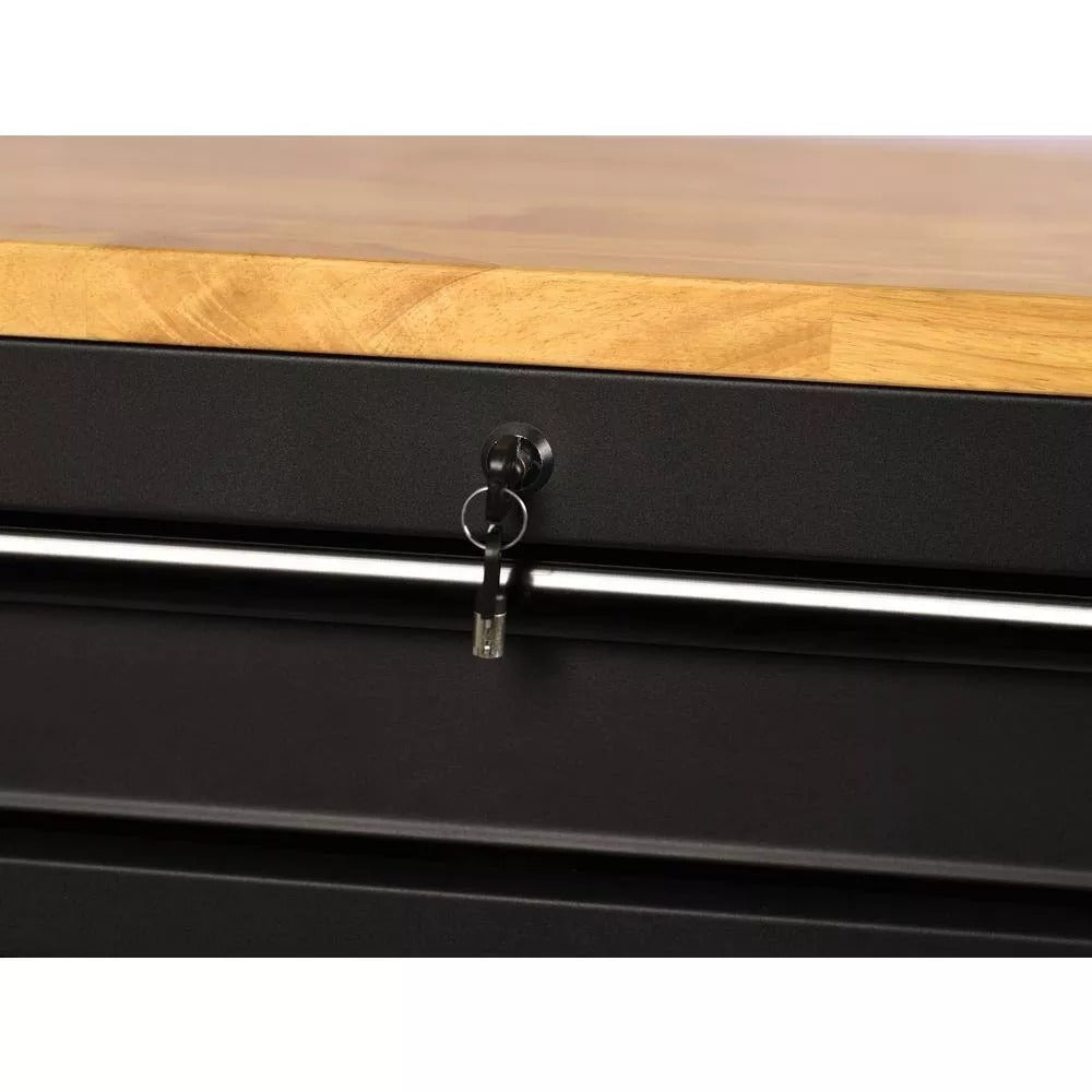 61 Inch 15 Drawer Mobile Workbench - Heavy Duty Steel Tool Cabinet with Wood Top and Power Strip