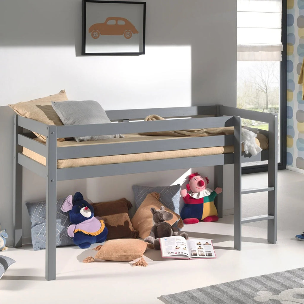 Lit mezzanine enfant mi-hauteur gris 90x200 cm en pin massif avec sommier