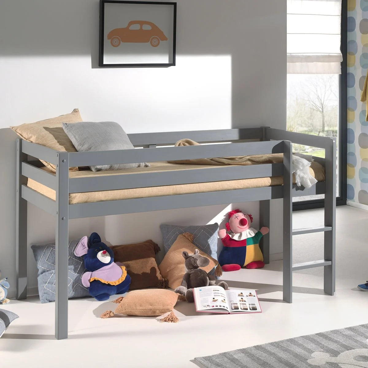 Lit mezzanine enfant mi-hauteur gris 90x200 cm en pin massif avec sommier
