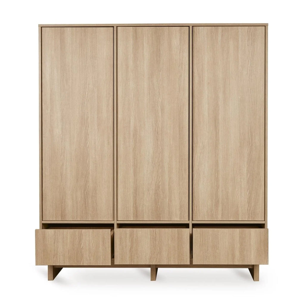 Grande armoire Honey Ash 3 portes avec tiroirs et penderies