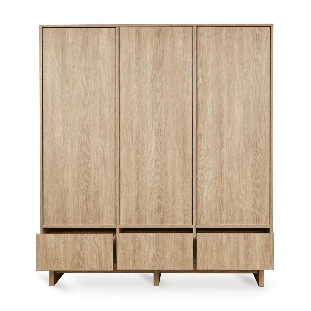 Grande armoire Honey Ash 3 portes avec tiroirs et penderies
