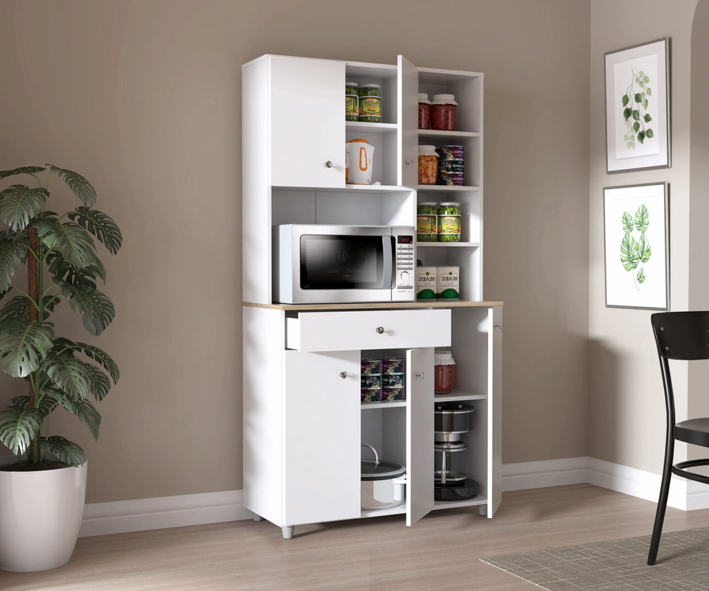 Inval 10-Shelf Kitchen Microwave Storage Cabinet (35 x 66 x 16), White/Maple