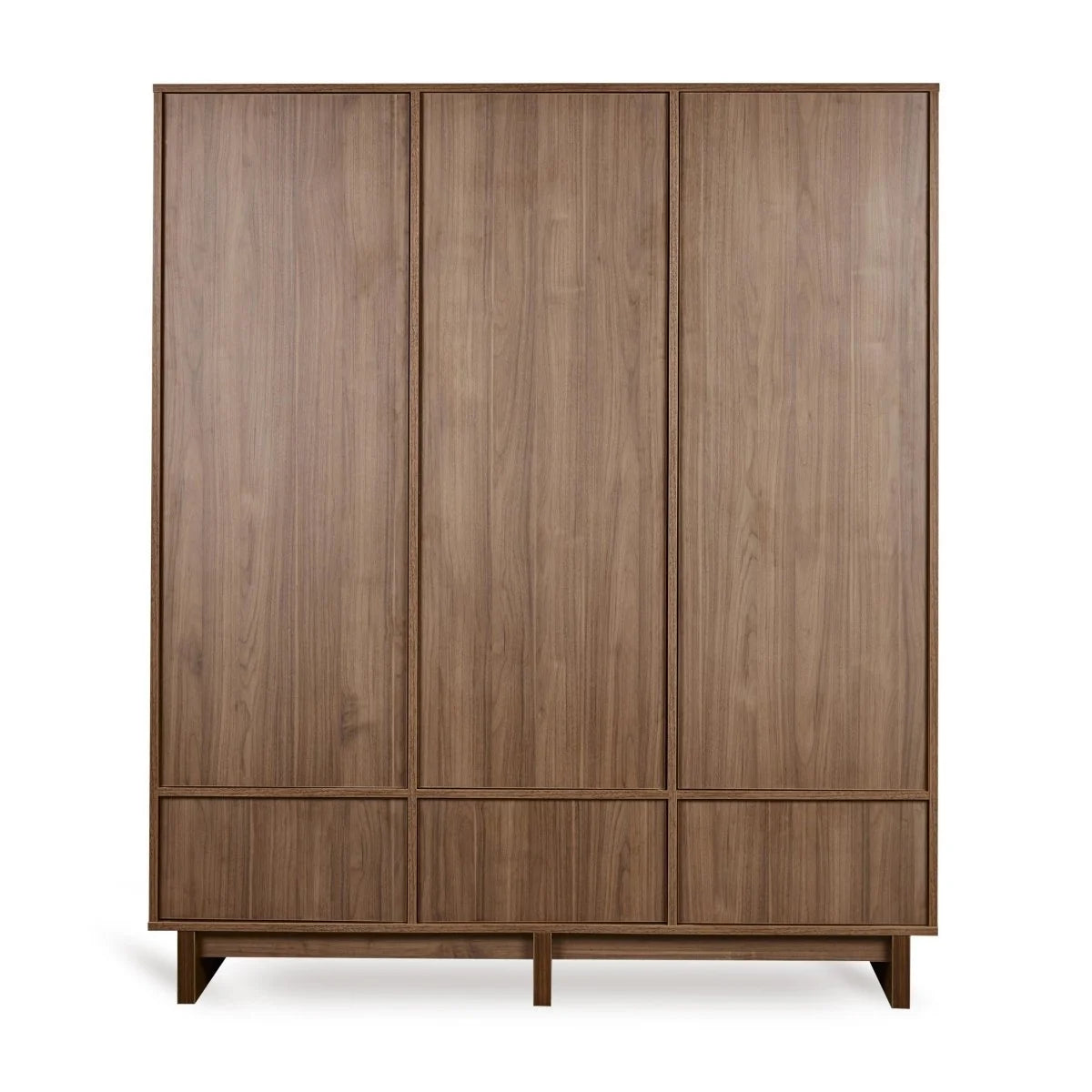 Grande armoire noyer 3 portes avec tiroirs, penderies et étagères