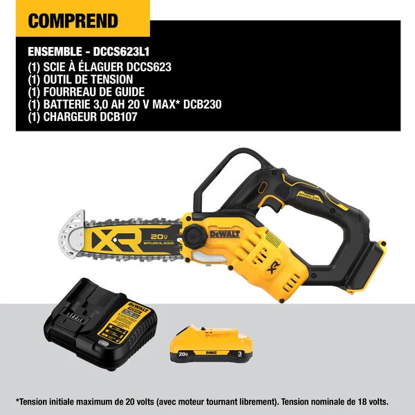 Tronçonneuse d’élagage sans fil 20V avec guide-chaîne 20 cm, moteur sans balais et kit complet