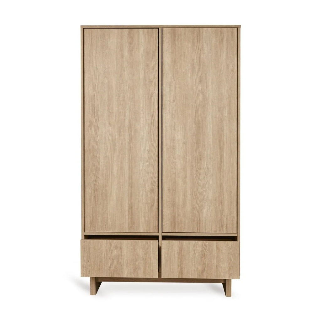 Armoire frêne miel 2 portes avec tiroirs, penderies et étagères réglables