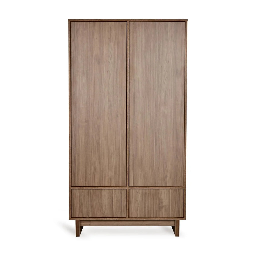 Armoire noyer 2 portes avec tiroirs, penderies et étagères réglables