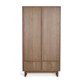 Armoire noyer 2 portes avec tiroirs, penderies et étagères réglables