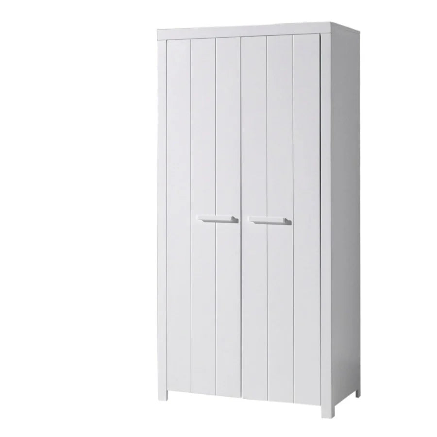 Armoire enfant 2 portes blanche en pin massif avec étagères et tringle