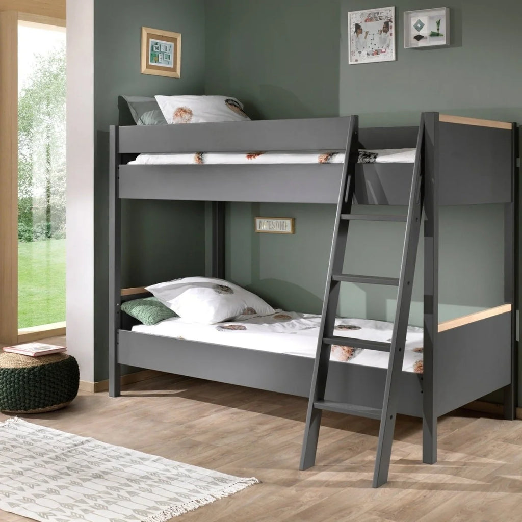 Lit superposé enfant gris anthracite 90x200 cm en pin massif avec sommier inclus