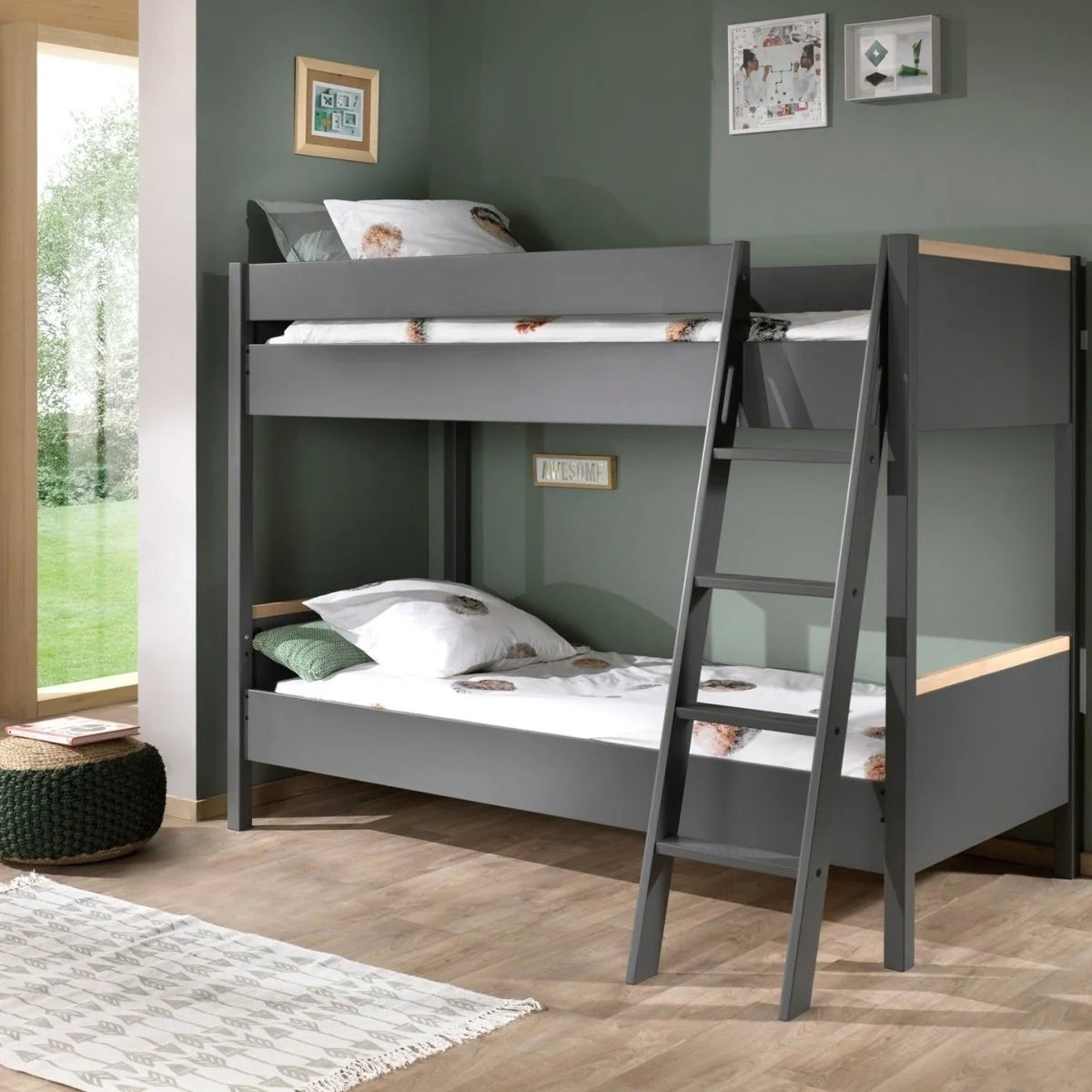 Lit superposé enfant gris anthracite 90x200 cm en pin massif avec sommier inclus