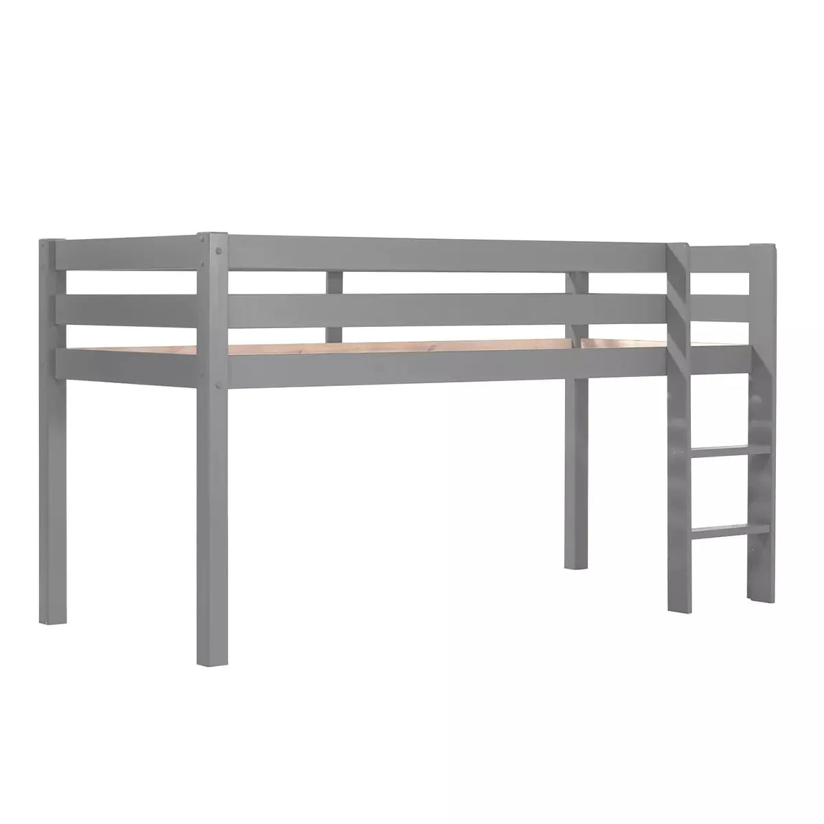 Lit mezzanine enfant mi-hauteur gris 90x200 cm en pin massif avec sommier