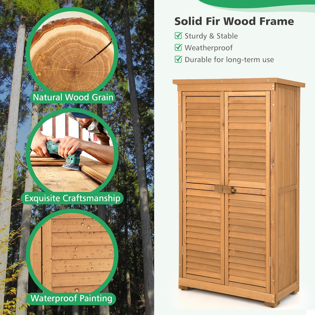 Costway Waterproof Fir Wood Storage Shed Garden, 34.5" x 16.5" x 63", Natural