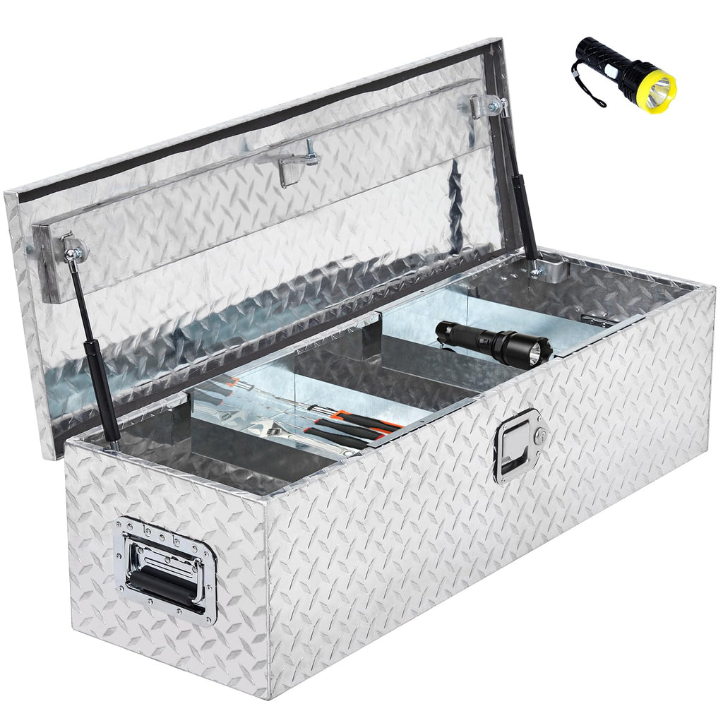 48 Inch Diamond Plate Truck Bed Tool Box with Shelf - Silver Aluminum Storage Box
