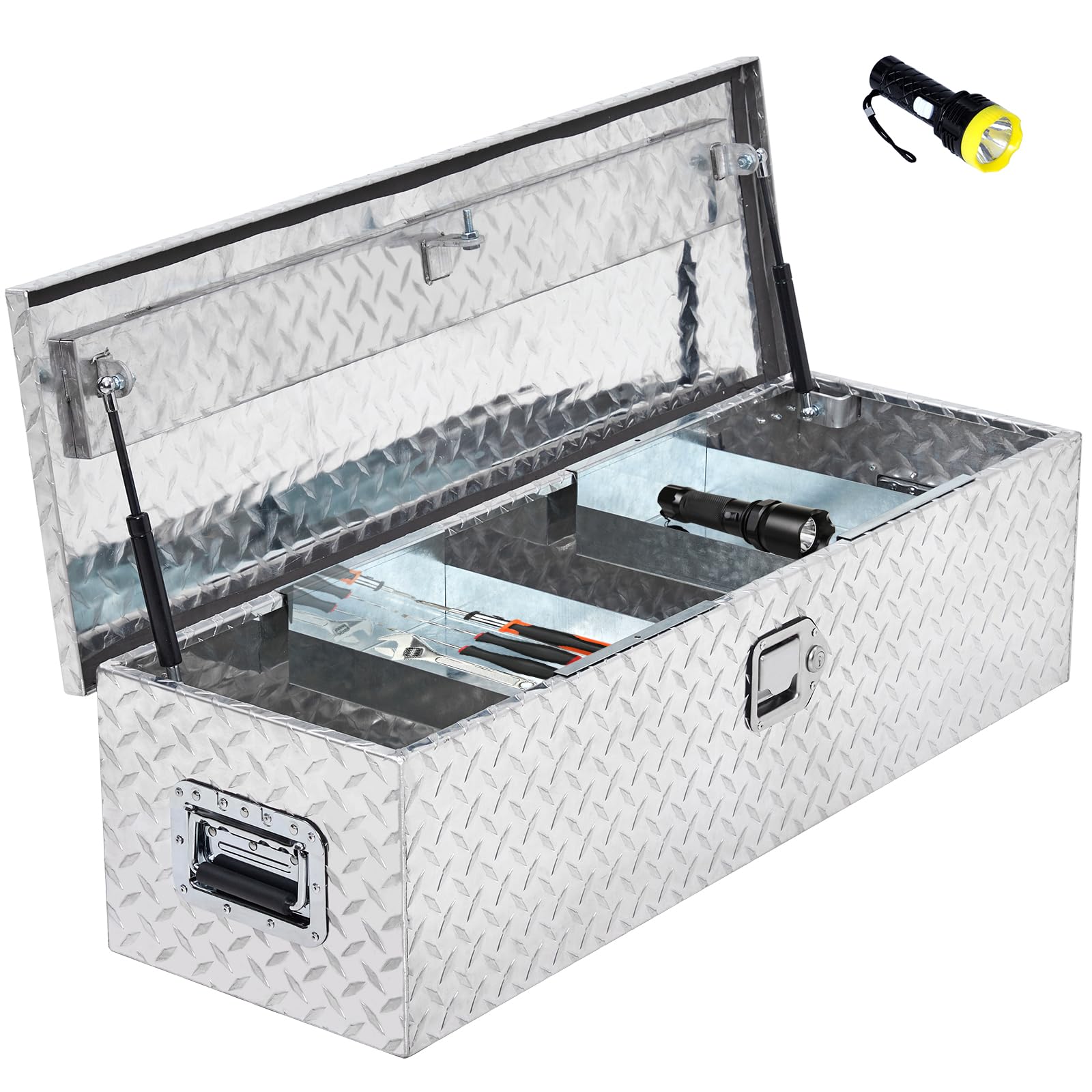 48 Inch Diamond Plate Truck Bed Tool Box with Shelf - Silver Aluminum Storage Box