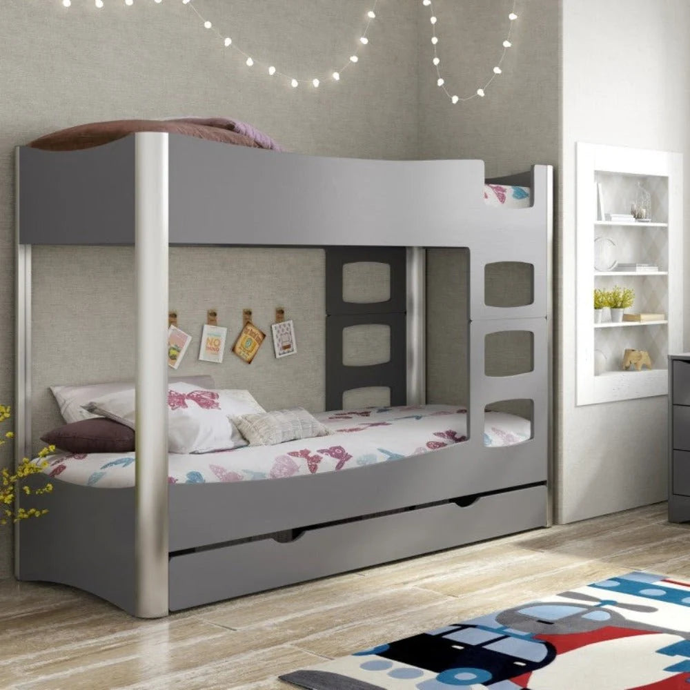 Lit superposé enfant 90x200 cm bouleau et aluminium avec échelle réversible