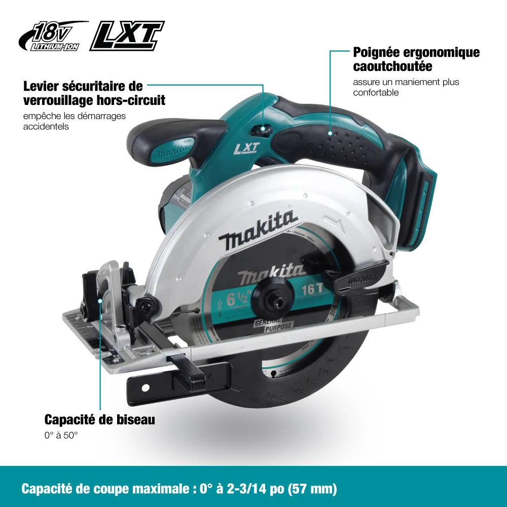 Scie circulaire sans fil 18V 6-1/2 pouces avec poignée ergonomique et coupe inclinée
