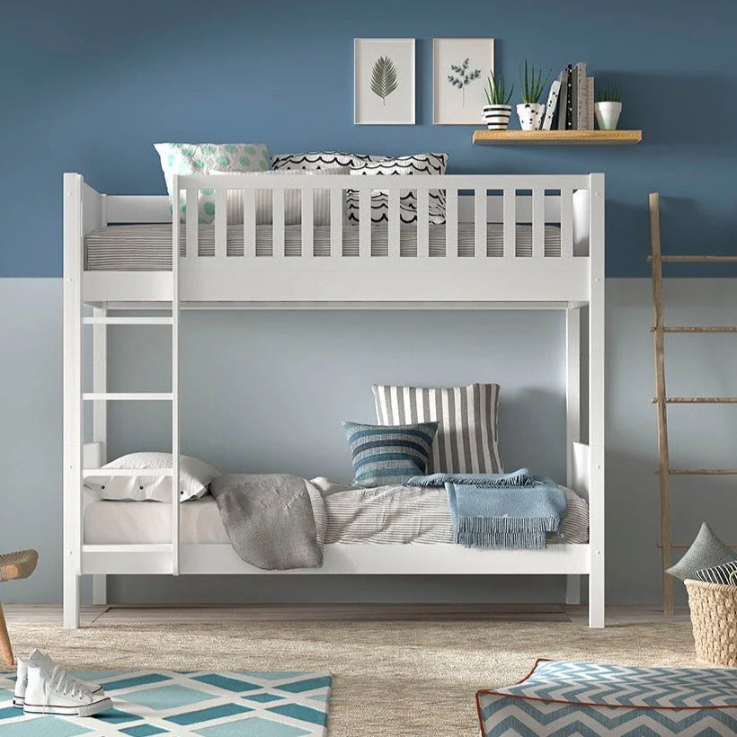 Lit superposé enfant blanc 90x200 cm SCOTT en pin massif avec sommier inclus