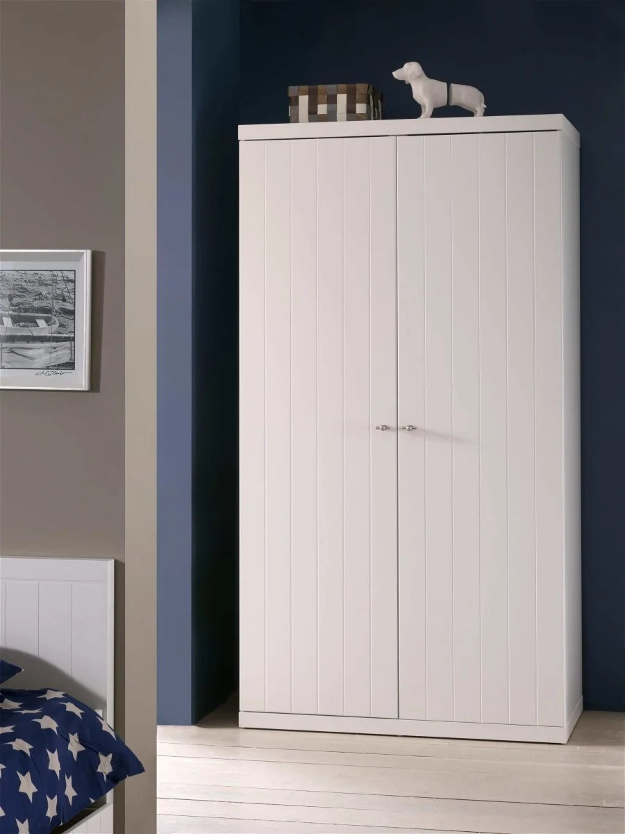 Armoire enfant blanche 2 portes avec penderie et 5 étagères