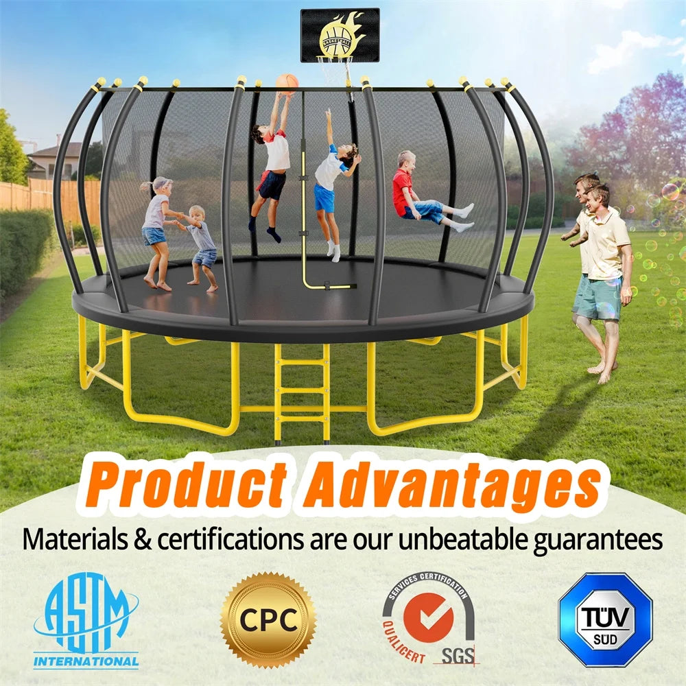 JAMPOOCA Pumpkin Trampoline with Enclosure for Kids and Adults, Black/Yellow, 63.78" x 17.72" x 8.66"