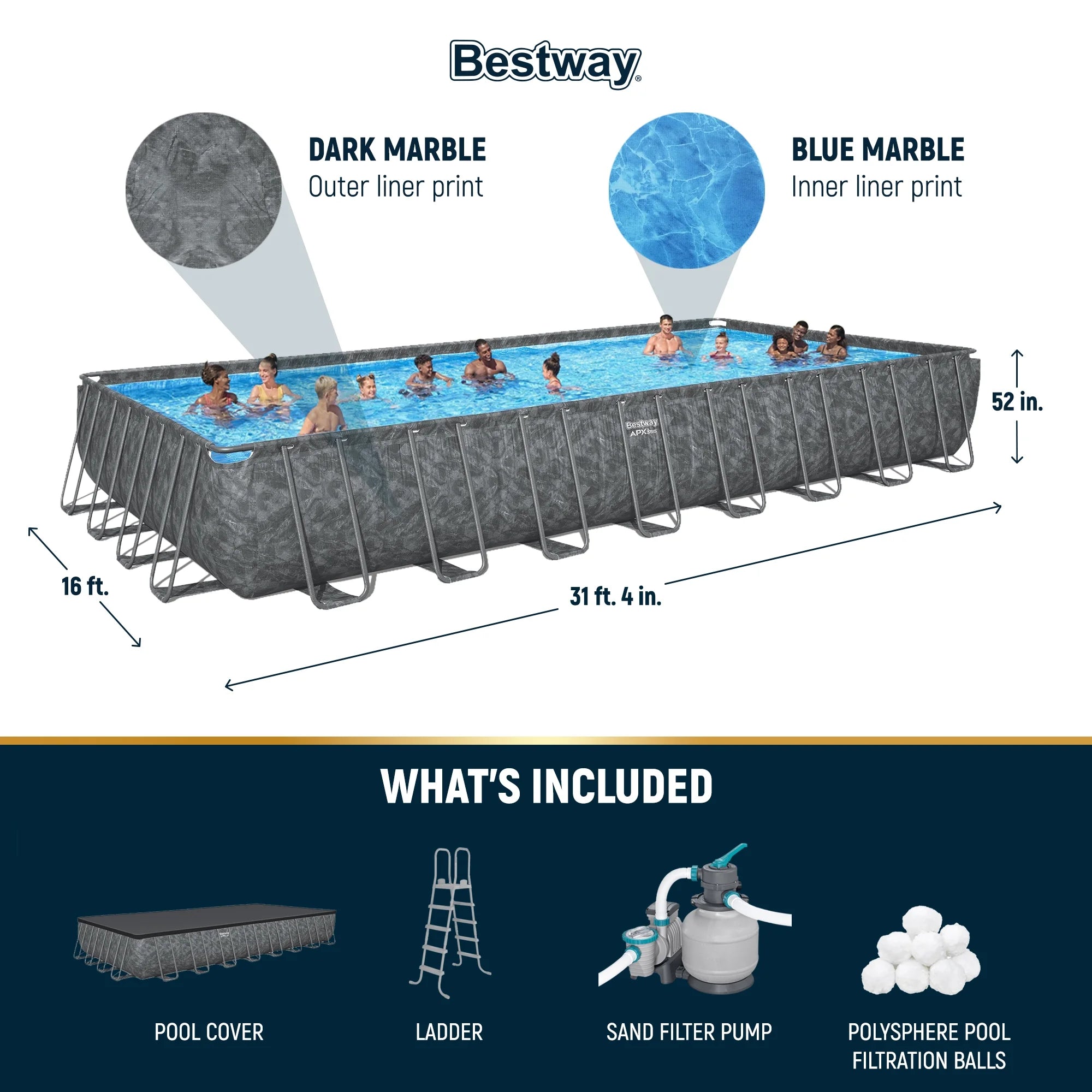 Bestway APX 365 31'4" x 16' x 52" Rectangular Above Ground Swimming Pool
