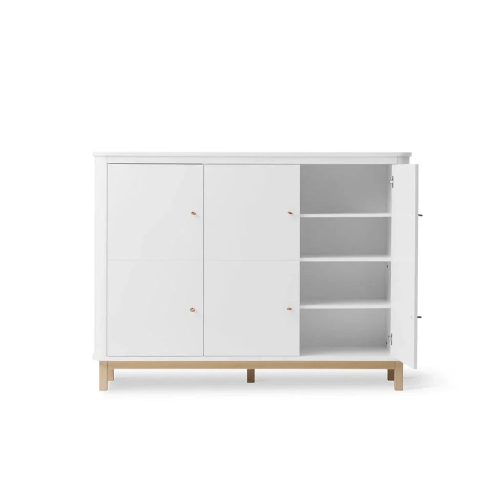 Armoire blanc et chêne 3 portes avec étagères et patères rétractables