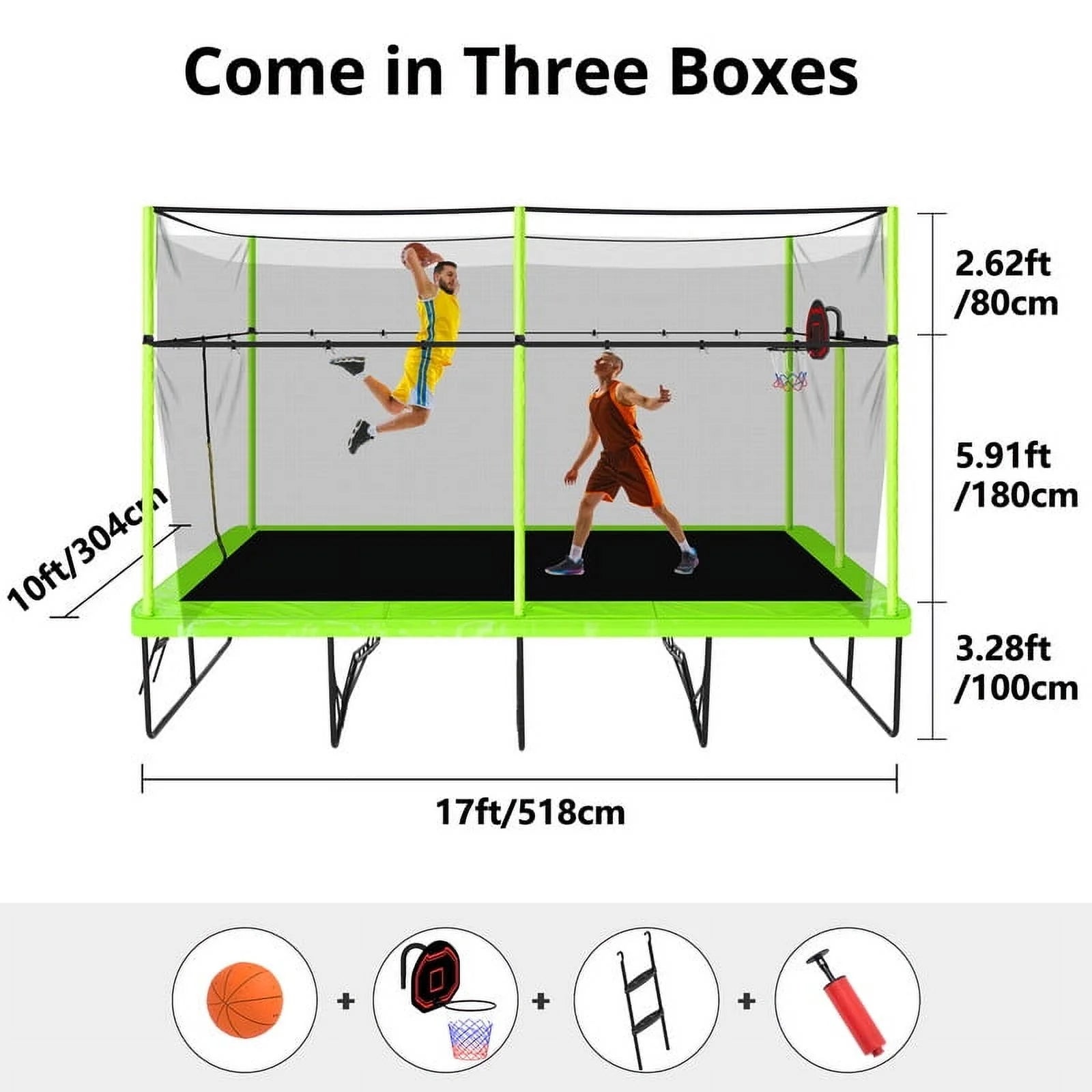 Voqoomkl Rectangle Trampoline with Basketball Hoop for Kids and Adults, Green, 204.00" x 120.00" x 141.00"