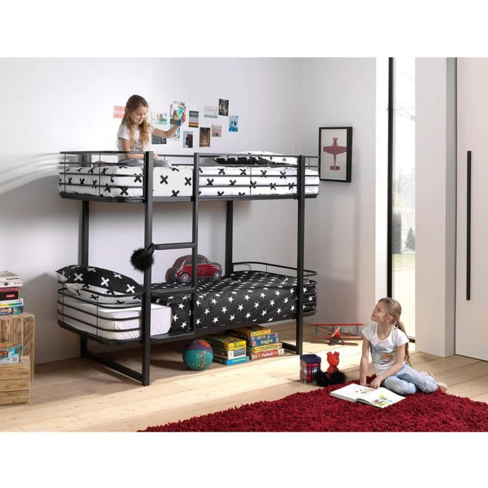 Lit superposé enfant noir 90x200 cm en métal avec marches larges