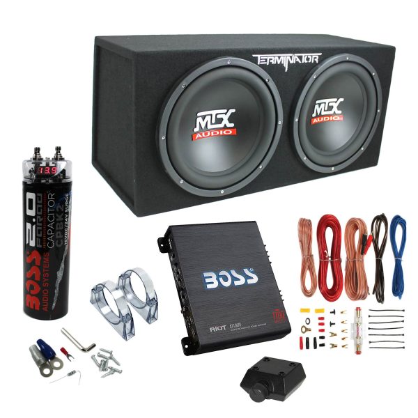 MTX Terminator Dual 12-Inch Loaded Subwoofer System with Boss Audio 1100W Mono Amplifier, Wiring Kit & 2-Farad Capacitor