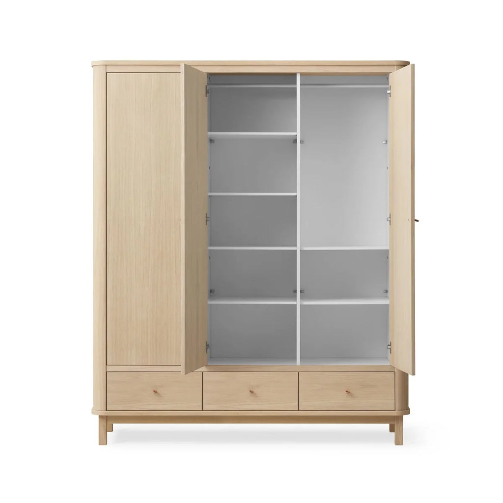 Armoire chêne 3 portes avec penderie, 3 tiroirs et étagères modulables
