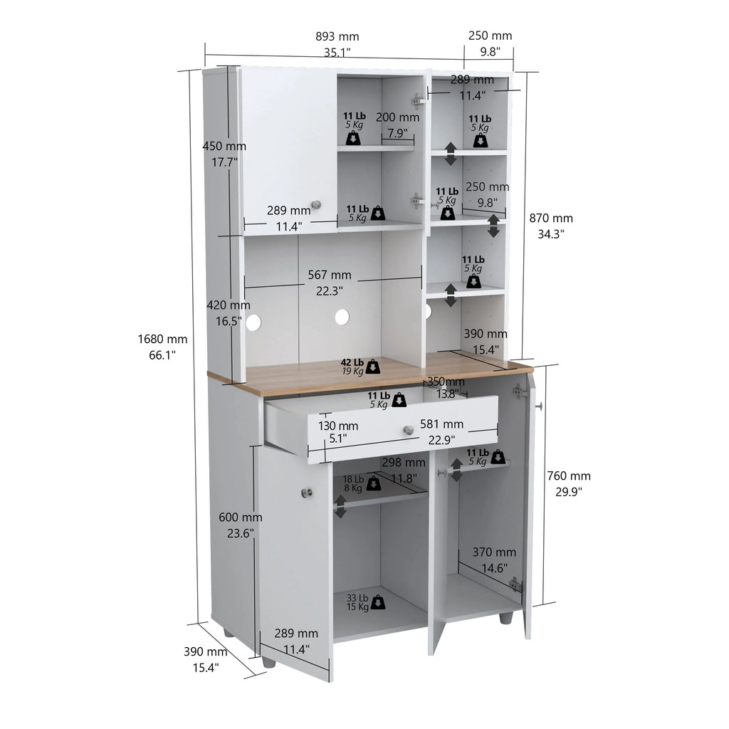 Inval 10-Shelf Kitchen Microwave Storage Cabinet (35 x 66 x 16), White/Maple